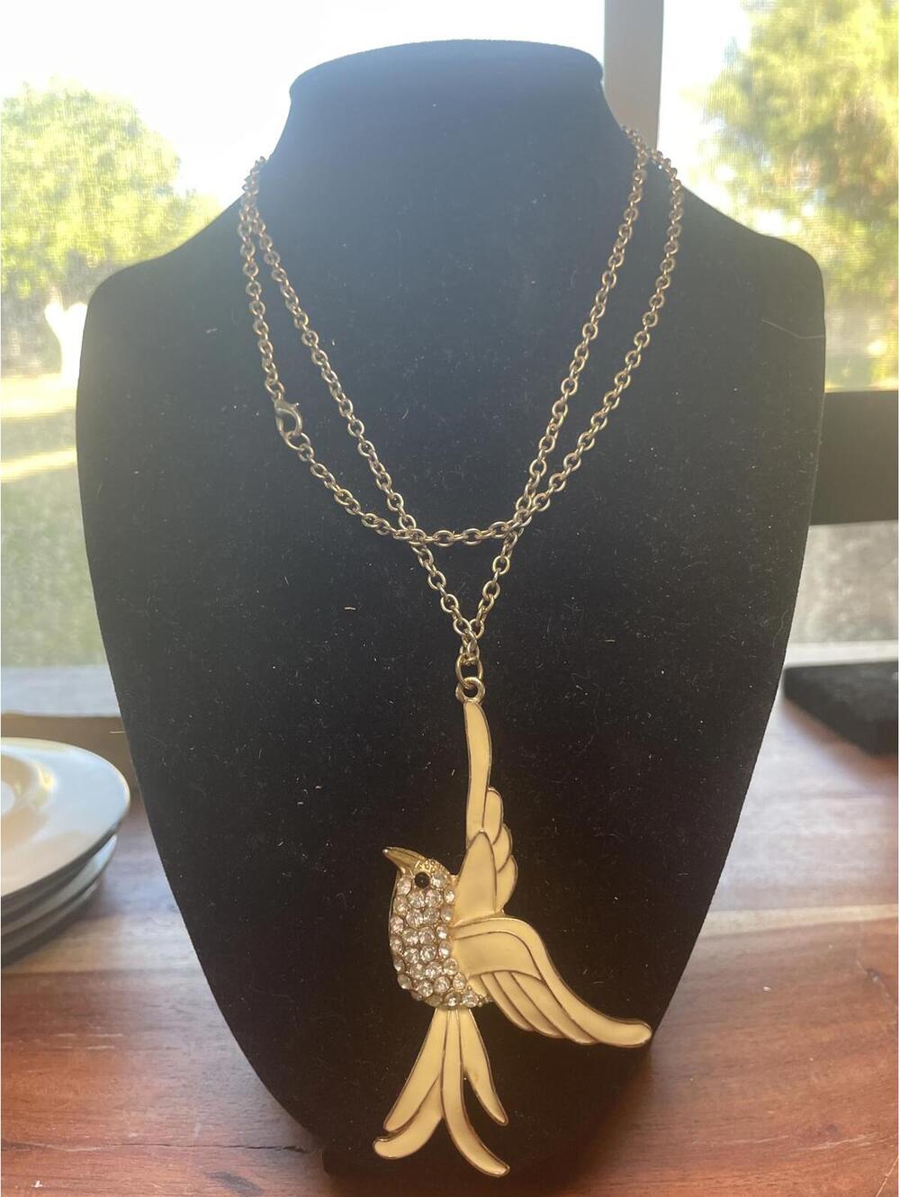 Vintage Gold Tone & Rhinestone Bird Necklace